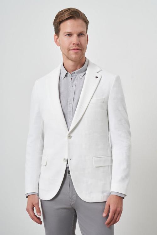  Erkek Beyaz Örme Desenli Mono Yaka Slim Fit Ceket