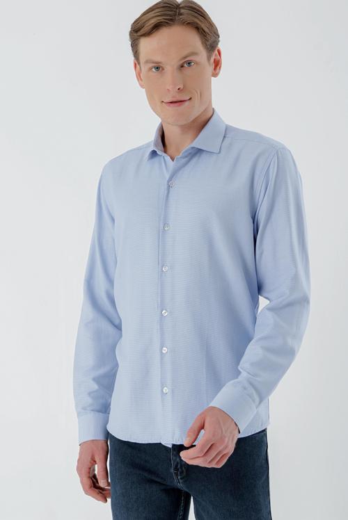  Erkek Mavi Trend Baskılı Desenli İtalyan Yaka Slim Fit Gömlek