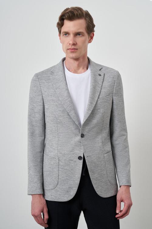  Erkek Gri Keten Dokuma Desenli Slim Fit Mono Yaka Ceket