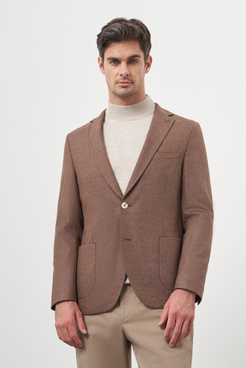 Erkek KAHVE Dokuma Slim Fit Mono Yaka Ceket
