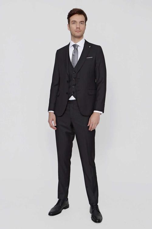  Erkek Siyah Oscar Çizgili Yelekli Slim Fit Dar Kesim 6 Drıop Takım Elbise