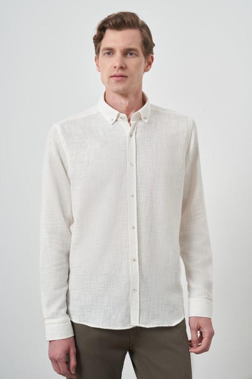 Erkek Beyaz Trend Keten Slim Fit Düğmeli Yaka Gömlek