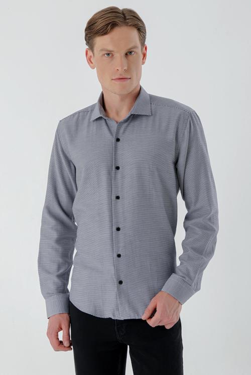  Erkek Siyah Trend Baskılı Desenli İtalyan Yaka Slim Fit Gömlek