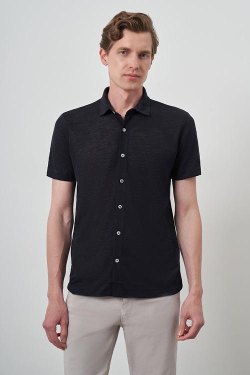 Erkek Lacivert Trend Apaçi Yaka Kısa Kollu Gömlek