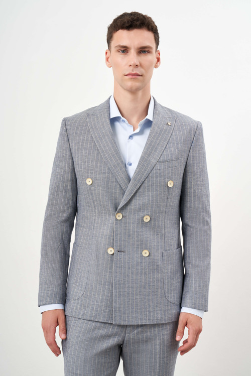 Erkek Lacivert Keten Trend Kruvaze Slim Fit Sivri Yaka Takım Elbise
