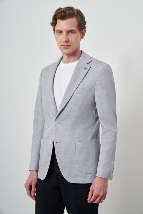 Erkek Gri Örme Desenli Slim Fit Mono Yaka Ceket
