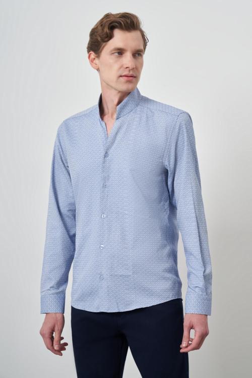  Erkek Mavi Slim Fit Dik Yaka Gömlek