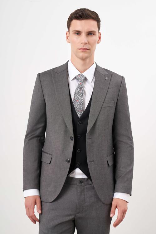  Erkek Siyah Poliviskon Trend Yelekli Kombinli  Sivri Yaka Takım Elbise