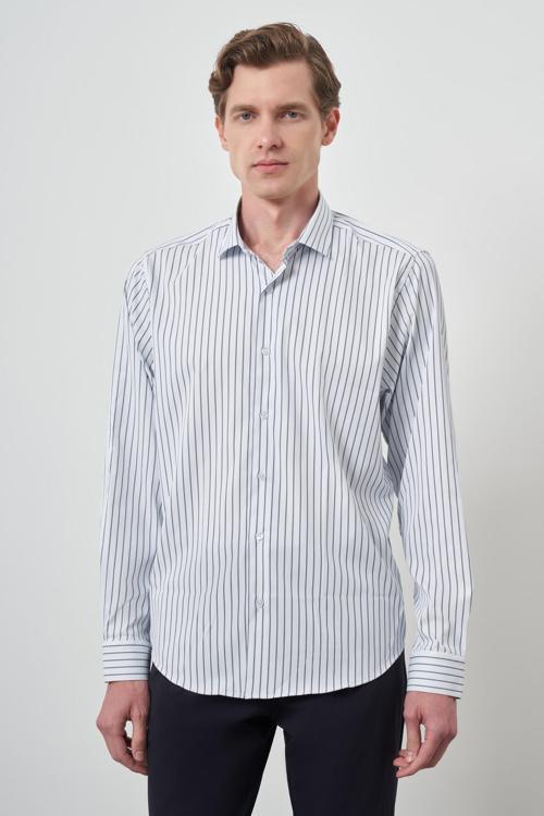  Erkek A-Beyaz Trend Çizgili Slim Fit İtalyan Yaka Gömlek