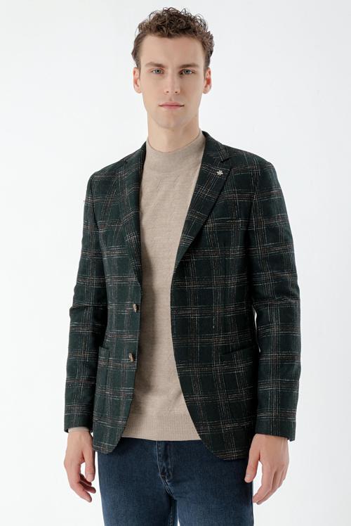  Erkek Haki Yün Slim Fit Torba Cep Mono Yaka Spor Ceket