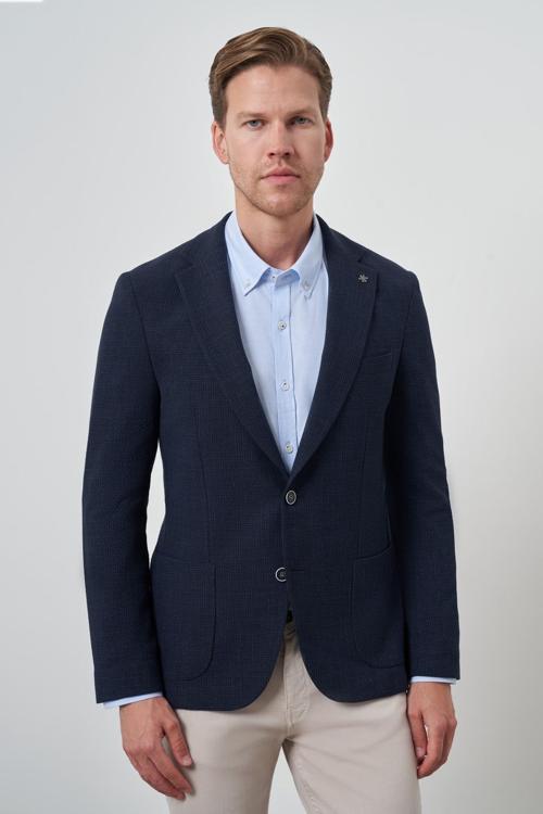  Erkek Lacivert Dokuma Slim Fit Mono Yaka Ceket