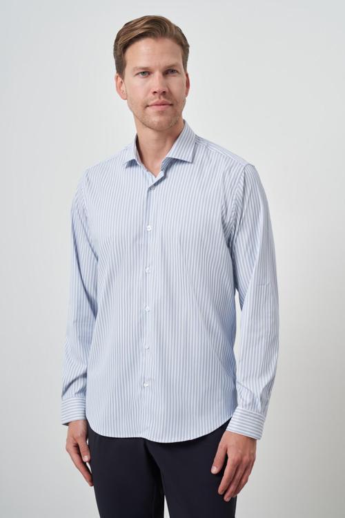  Erkek Marine Çizgi Desen Trend Slim Fit Gömlek