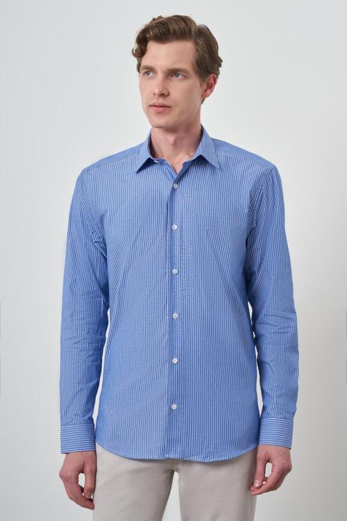  Erkek Mavi Pamuk Trend Slim Fit Sert Yaka Gömlek