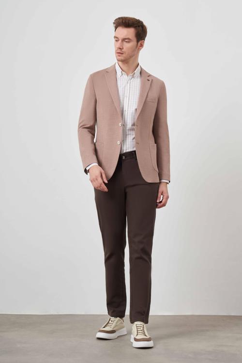  Erkek Tarçın Dokuma Gofre Slim Fit Torba Cep Mono Yaka Spor Ceket