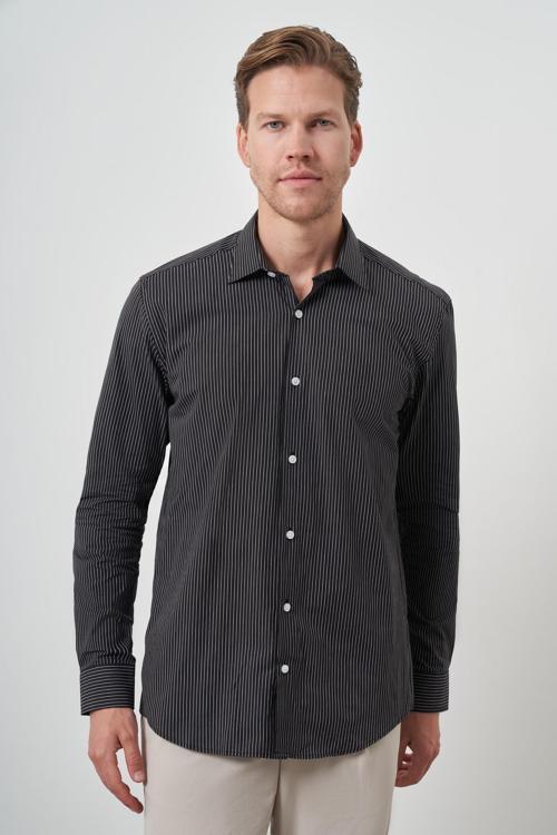  Erkek Siyah Pamuk Trend Slim Fit Sert Yaka Gömlek