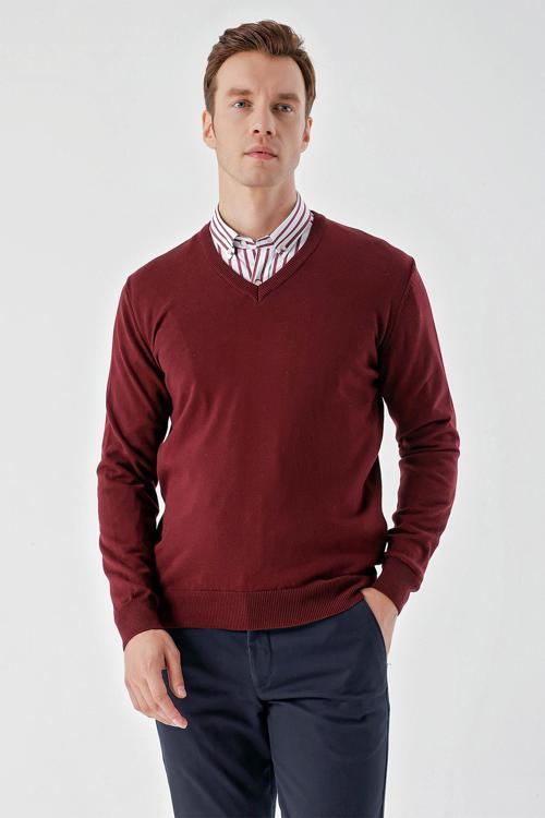  Erkek Koyu Bordo Basic V Yaka Dynamic Fit Rahat Kesim Triko