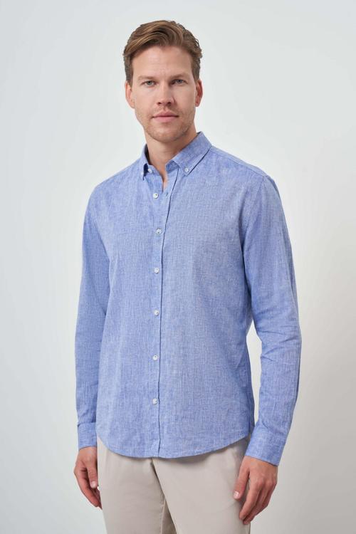  Erkek Mavi Keten Trend Dynamic Fit Düğmeli Yaka Gömlek