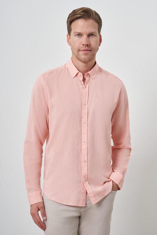  Erkek Turuncu Keten Trend Dynamic Fit Düğmeli Yaka Gömlek