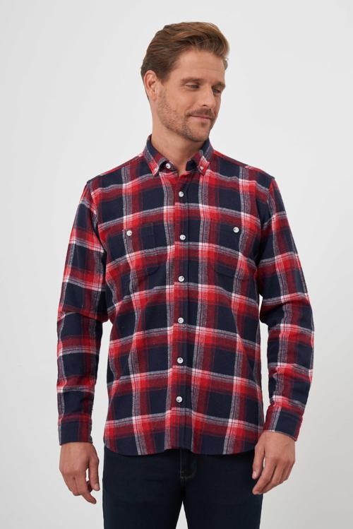  Erkek Kırmızı Trend Ekoseli Regular Fit Düğmeli Yaka Oduncu Gömlek