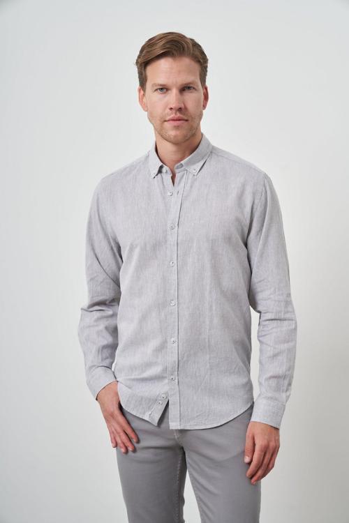  Erkek Gri Keten Trend Dynamic Fit Düğmeli Yaka Gömlek