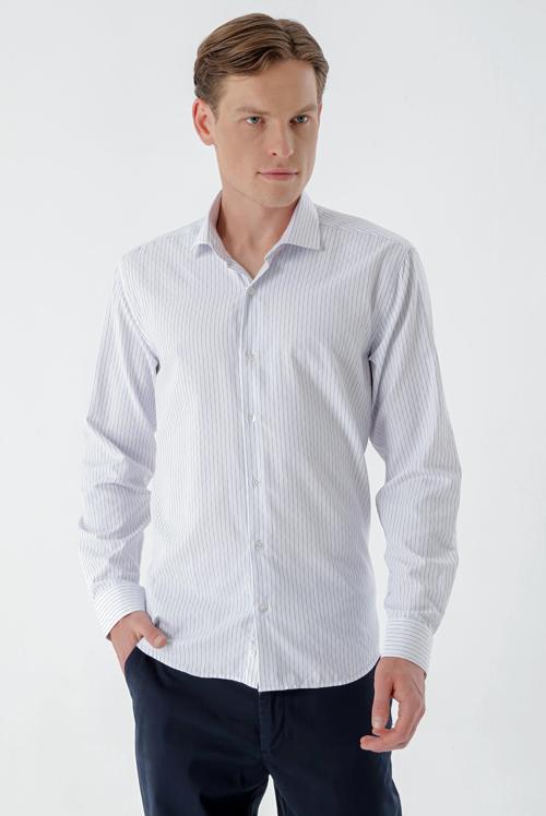  Erkek Beyaz Trend Çizgili Panolu İtalyan Yaka Slim Fit Gömlek