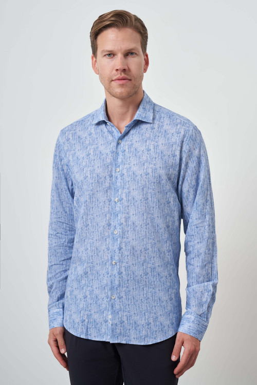 Erkek Mavi Keten Trend Dynamic Fit Düğmeli Yaka Gömlek