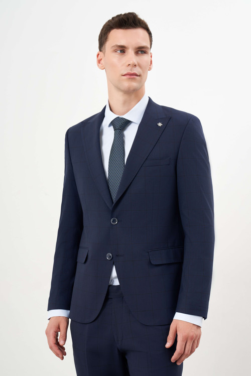 Erkek Lacivert Yünlü Platinium Ekoseli Slim Fit Mono Yaka Takım Elbise
