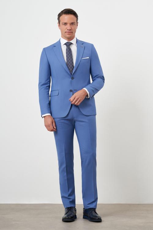  Erkek Mavi Slim Fit Mono Yaka Takım Elbise
