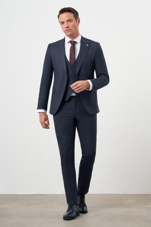  Erkek Lacivert Poliviskon Trend Yelekli Çizgili Desen Slim Fit  Sivri Yaka Takım Elbise