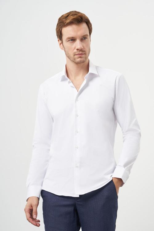  Erkek Beyaz Basic Düz Desen İtalyan Yaka Slim Fit Gömlek