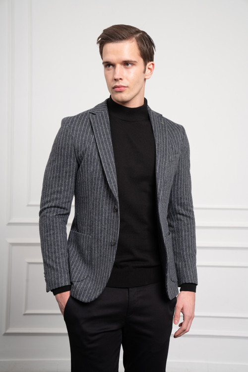 Erkek Gri Örme Slim Fit Dar Kesim Mono Yaka Ceket