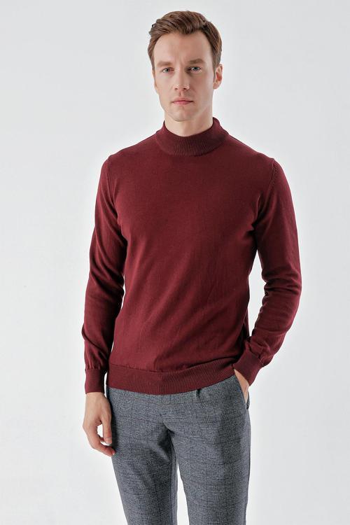  Erkek Koyu Bordo Basic Yarım Balıkçı Yaka Dynamic Fit Rahat Kesim Triko