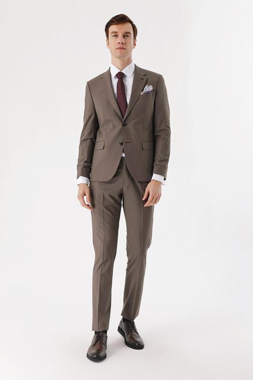  Erkek KAHVE Yünlü Düz Desen 6 Drop Slim  Fit Takım Elbise