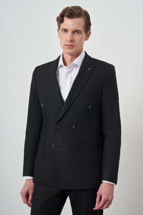  Erkek Siyah Trend Kruvaze Slim Fit Takım Elbise