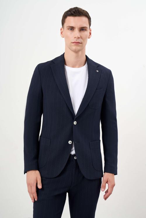  Erkek Lacivert Poliviskon Trend Çizgili Desen Slim Fit Mono Yaka Takım Elbise