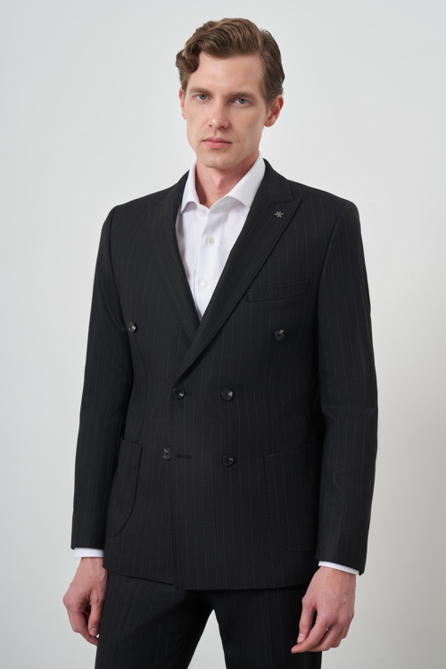 Erkek Siyah Trend Kruvaze Slim Fit Takım Elbise