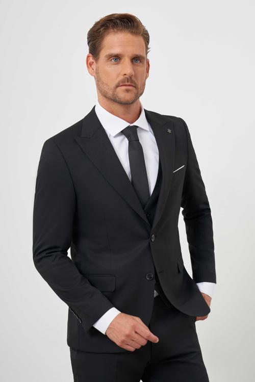  Erkek Siyah Poliviskon Basic Yelekli Jakar Desen Slim Fit Sivri Yaka Takım Elbise