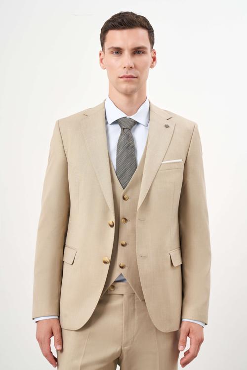  Erkek Bej Poliviskon Basic Yelekli Düz Desen Slim Fit Mono Yaka Takım Elbise