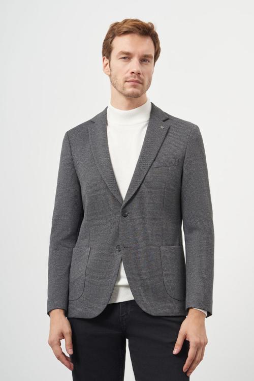  Erkek Siyah Poliviskon Örme Desenli Slim Fit Mono Yaka Ceket