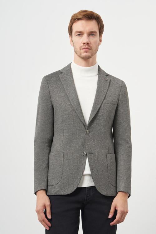  Erkek Haki Poliviskon Örme Desenli Slim Fit Mono Yaka Ceket