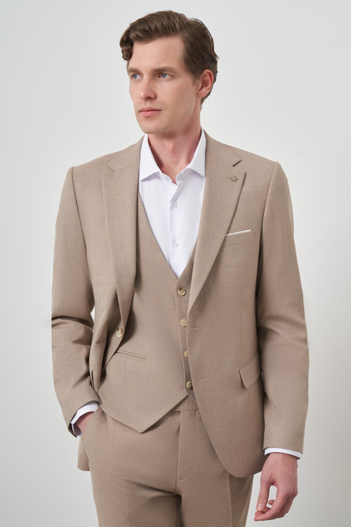 Erkek Bej Yünlü Slim Fit Yelekli Mono Yaka Takım Elbise