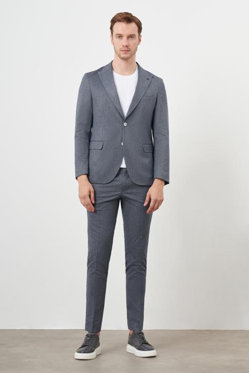  Erkek Lacivert Poliviskon Trend Çizgili Desen Slim Fit Mono Yaka Torba Cep Spor Takım Elbise