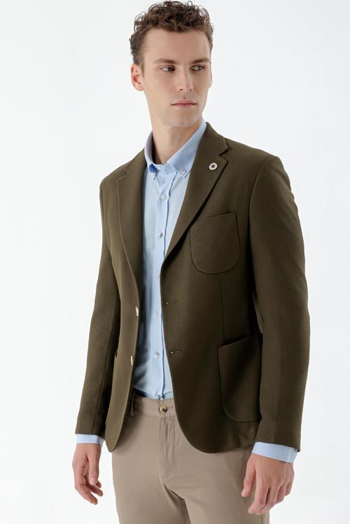 Erkek Haki Dokuma Slim Fit Torba Cep Mono Yaka Spor Ceket
