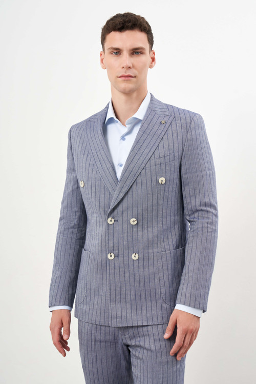 Erkek Lacivert Keten Trend Kruvaze Slim Fit Sivri Yaka Takım Elbise