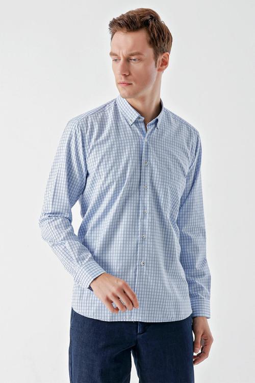  Erkek Mavi Trend Ekoseli Cepli Düğmeli Yaka Regular Fit Gömlek