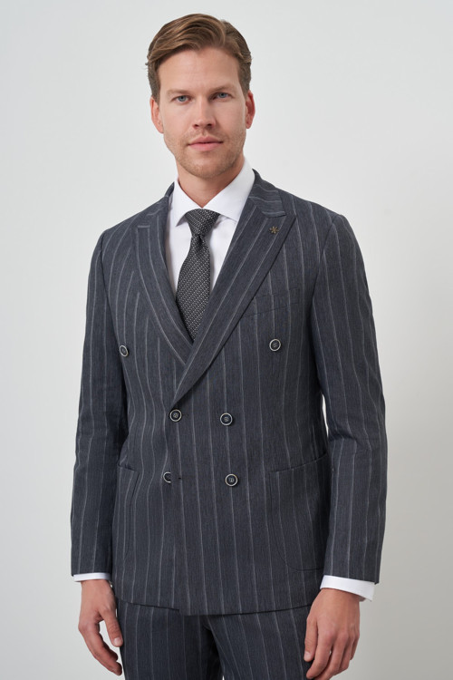 Erkek Lacivert Tend Keten Kruvaze Slim Fit Sivri Yaka Takım Elbise