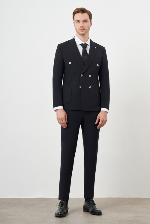 Erkek Siyah Polyamide Trend Kruvaze Slim Fit Sivri Yaka Takım Elbise
