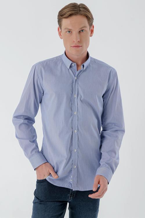  Erkek Lacivert Pamuk Çizgili Düğmeli Yaka Slim Fit Gömlek