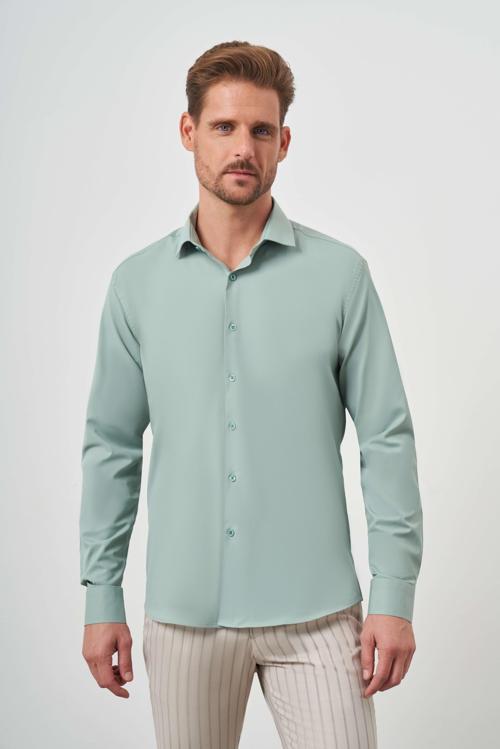  Erkek Su Yeşili Trend  Düz Desen İtalyan Yaka Slim Fit Gömlek