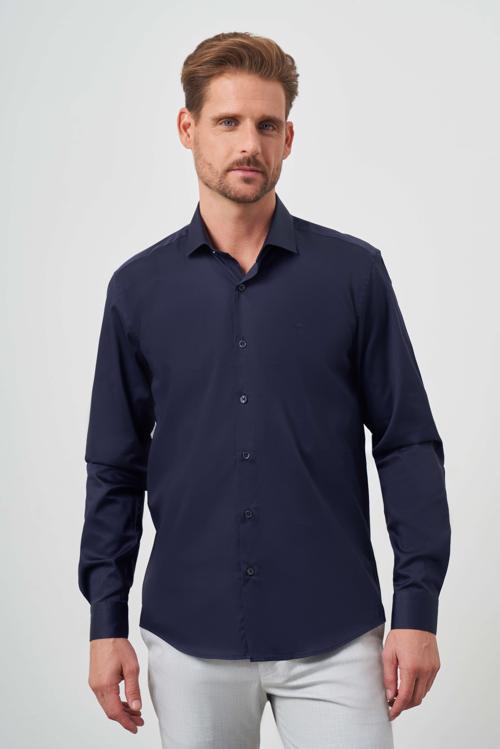  Erkek Lacivert Pamuk Düz Desen İtalyan Yaka Slim Fit Gömlek
